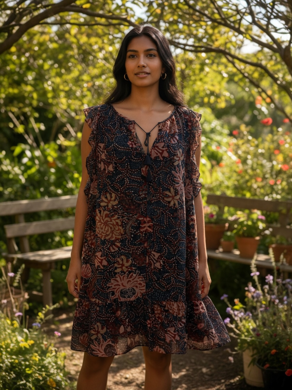 Madewell Boho Floral Ruffle Navy Dress Size XL
